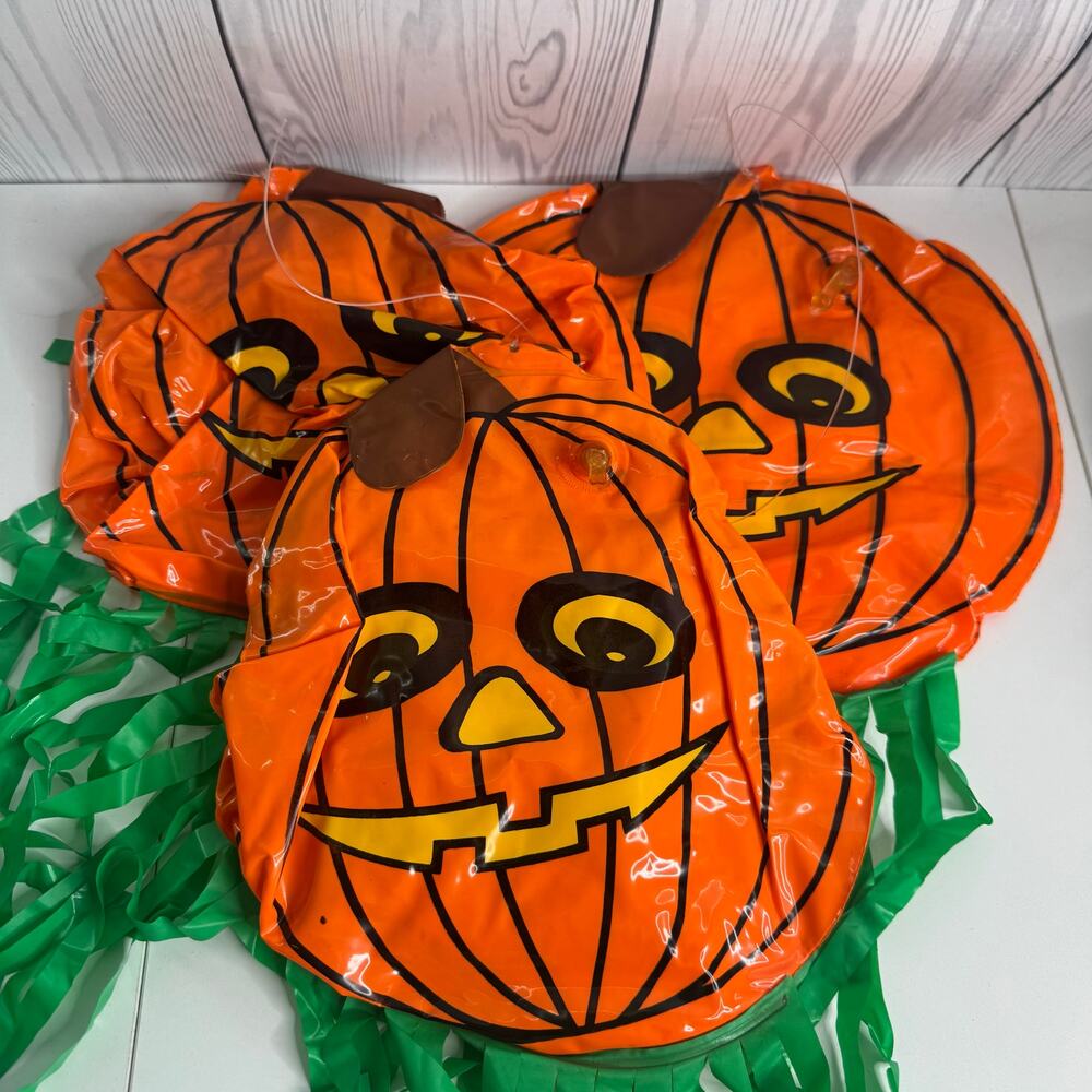 Set of 3 Vintage Inflatable Hanging Pumpkins with Streamers 12inch diameter